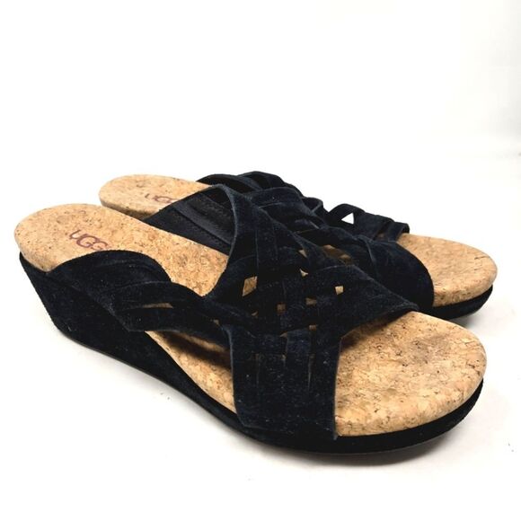 UGG Women's Lilah Black Weave Cork Wedge Sandals Size 9 - Picture 1 of 8
